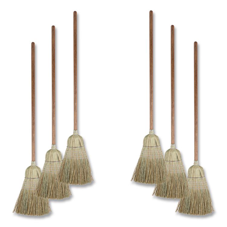 Corn/Fiber Brooms, Corn/Synthetic Fiber Bristles, 60" Overall Length, Gray/Natural, 6/Carton