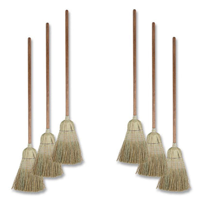 Corn/Fiber Brooms, Corn/Synthetic Fiber Bristles, 60" Overall Length, Gray/Natural, 6/Carton