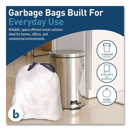 Drawstring Kitchen Bags/Liners, Drawstring, 13 gal, 24" x 28", White, 50 Bags/Roll, 2 Rolls/Carton