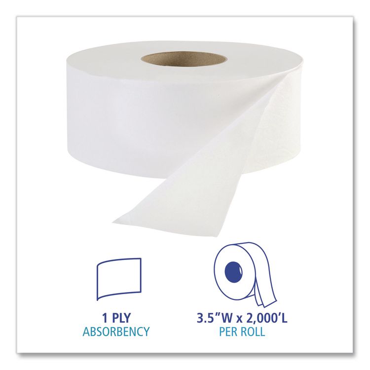 JRT Jr. Bath Tissue, Jumbo, Septic Safe, 1-Ply, 3.3" x 2,000 ft, White, 12 Rolls/Carton