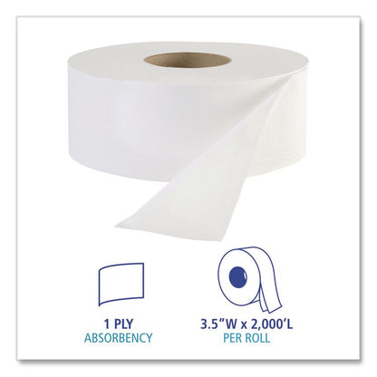 JRT Jr. Bath Tissue, Jumbo, Septic Safe, 1-Ply, 3.3" x 2,000 ft, White, 12 Rolls/Carton