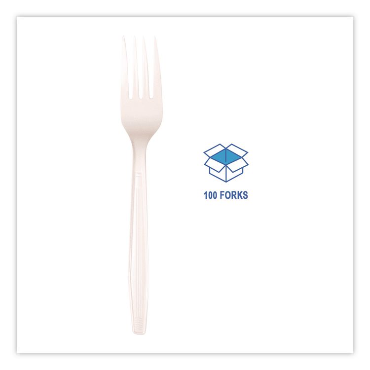 Mediumweight Polystyrene Cutlery, Fork, Plastic, White, 100/Box