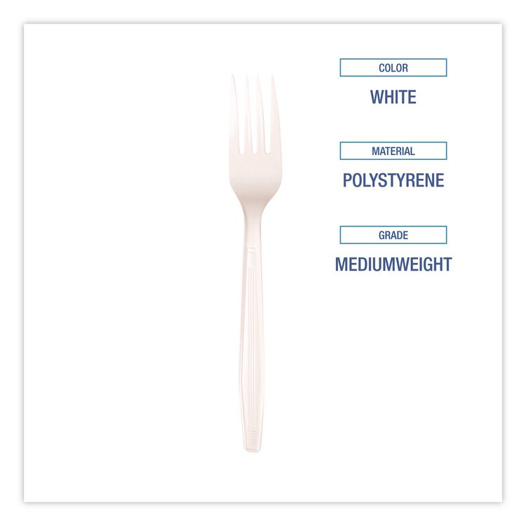 Mediumweight Polystyrene Cutlery, Fork, Plastic, White, 100/Box