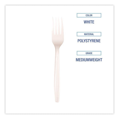 Mediumweight Polystyrene Cutlery, Fork, Plastic, White, 100/Box