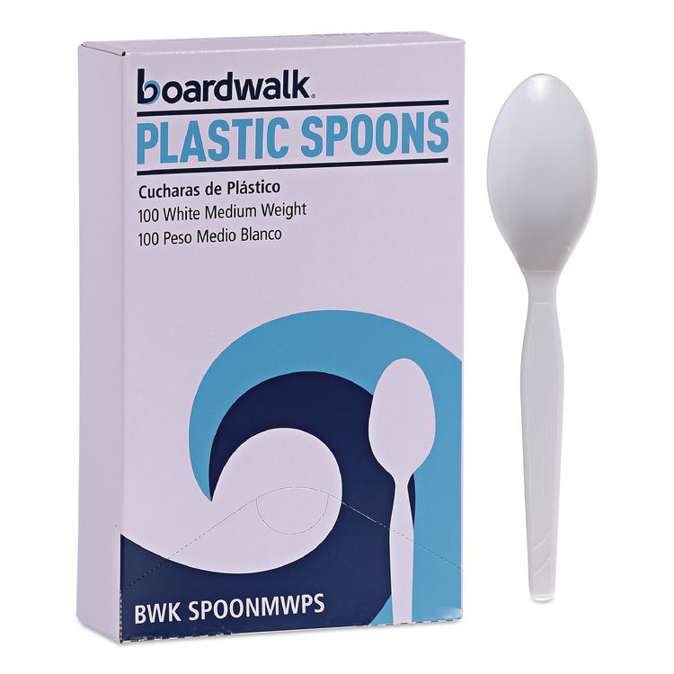 Mediumweight Polystyrene Cutlery, Spoon, Plastic, White, 100/Box
