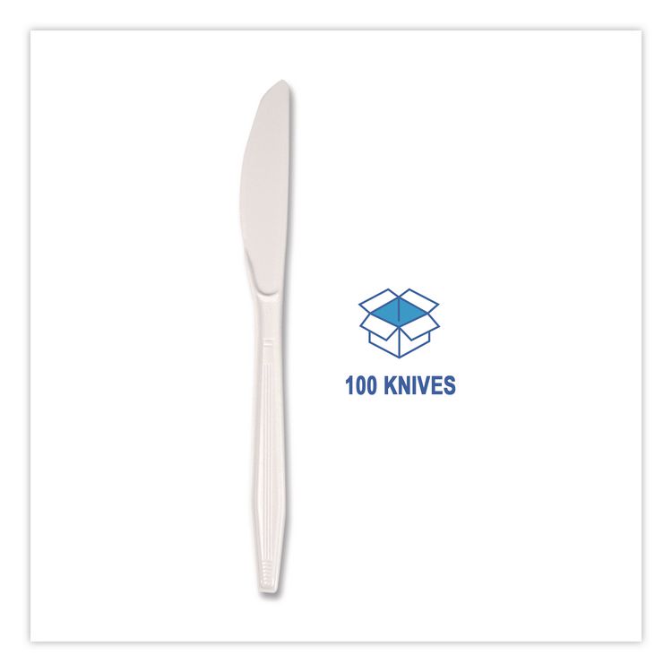 Mediumweight Polystyrene Cutlery, Knife, Plastic, White, 100/Box