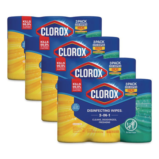 Disinfecting Wipes, Bleach Free Cleaning Wipes, 1-Ply, 7 x 8, Fresh Scent/Citrus Blend, White, 75/Canister, 3/Pack, 4/Carton