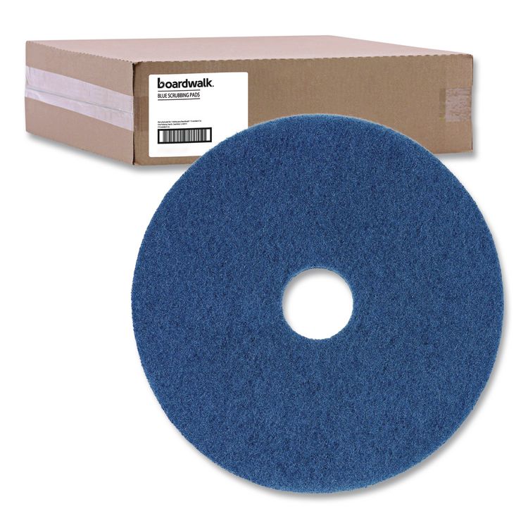 Scrubbing Floor Pads, 14" Diameter, Blue, 5/Carton