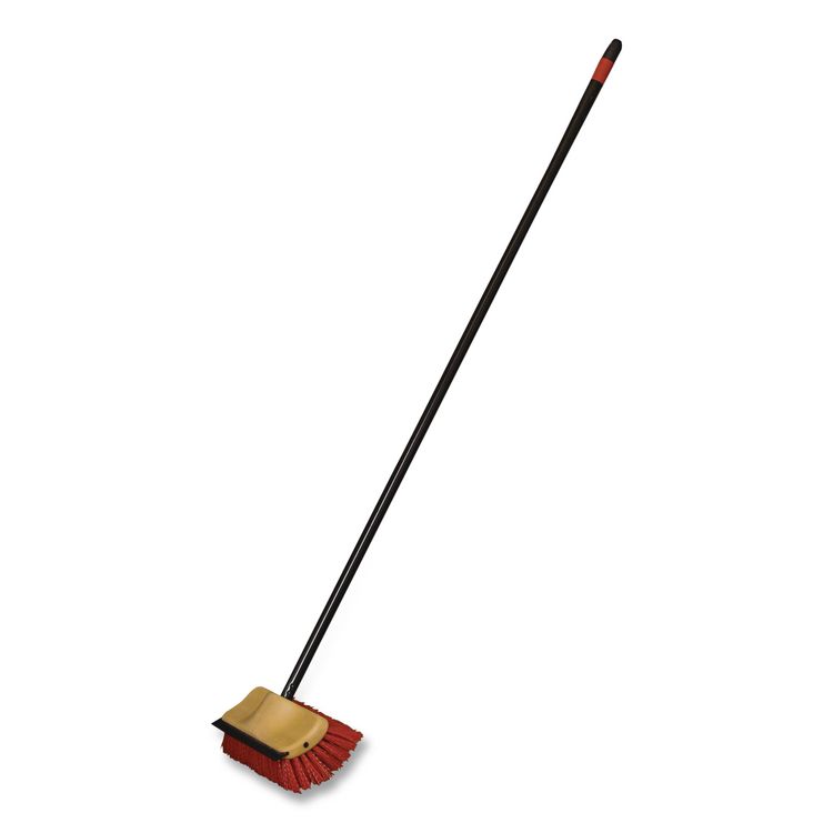 Bi-Level Floor Scrub Brush, Red Polypropylene Bristles, 10" Brush, 54" Black Metal Handle