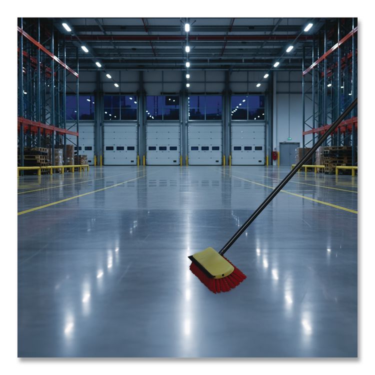 Bi-Level Floor Scrub Brush, Red Polypropylene Bristles, 10" Brush, 54" Black Metal Handle