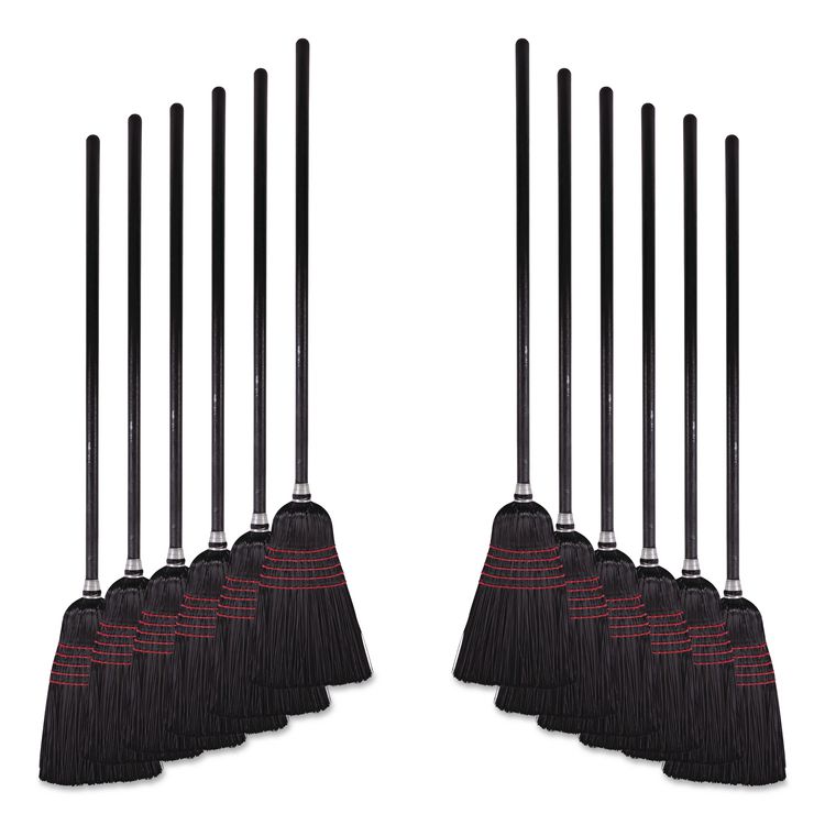 Flagged Tip Poly Bristle Janitor Brooms, 10 x 58.5, Wood Handle, Natural/Black, 12/Carton
