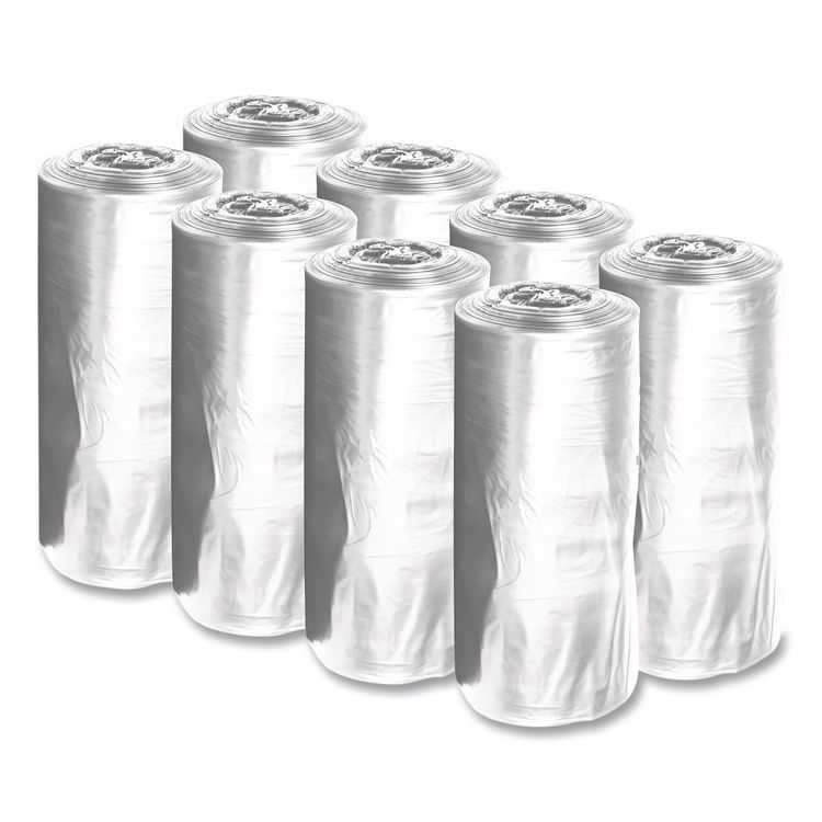 Low-Density Waste Can Liners, 23 gal, 0.9 mil, 28" x 45", Clear, Perforated Roll, 25 Bags/Roll, 8 Rolls/Carton
