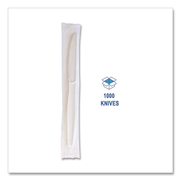 Heavyweight Wrapped Polystyrene Cutlery, Knife, Plastic, White, 1,000/Carton