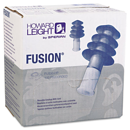 Fusion Multiple-Use Earplugs, Corded, 27 dB NRR, One Size Fits Most, Blue/Yellow 4-Flange Plugs, 100/Box