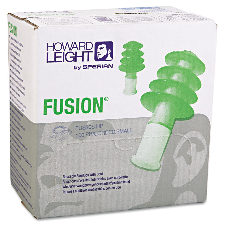 Fusion Multiple-Use Earplugs, Corded, 27 dB NRR, Small, Green/Yellow 4-Flange Plugs, 100/Box