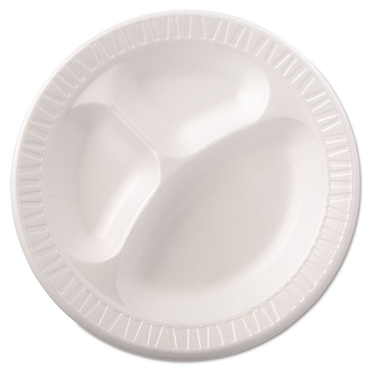 Quiet Class Laminated Foam Dinnerware, 3-Compartment Plate, 10.25" dia, White, 125/Pack, 4 Packs/Carton