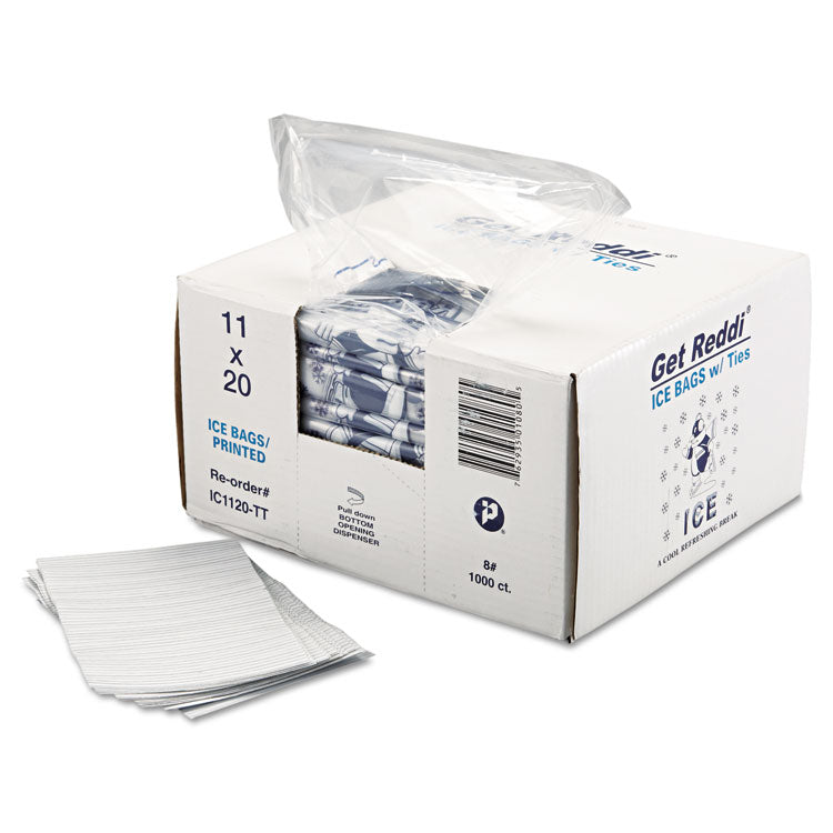 Ice Bags with Twist-Ties, Ice: Penguin Icon Labeling, 8 lb Capacity, 1.5 mil, 11" x 20", Clear, 1,000/Carton