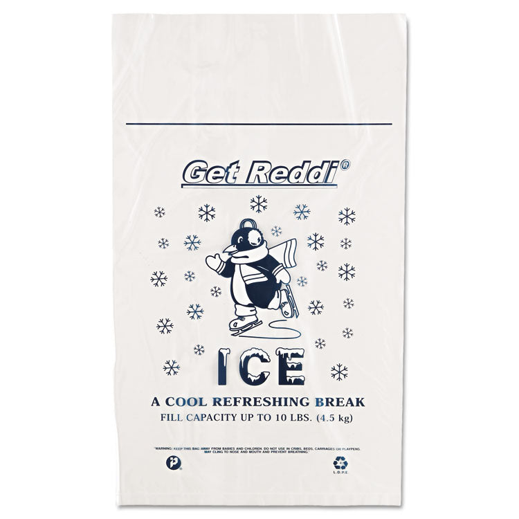 Ice Bags with Twist-Ties, Ice: Penguin Icon Labeling, 10 lb Capacity, 1.5 mil, 12" x 21", Clear, 1,000/Carton