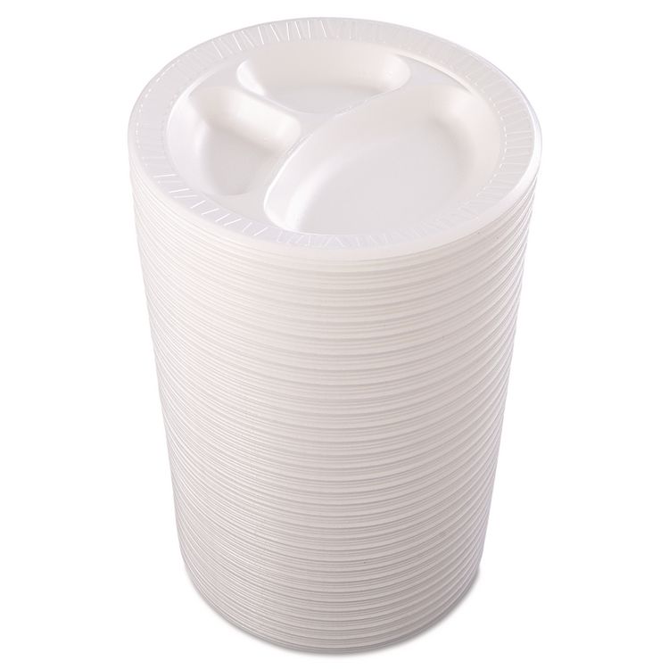 Quiet Class Laminated Foam Dinnerware, 3-Compartment Plate, 10.25" dia, White, 125/Pack, 4 Packs/Carton
