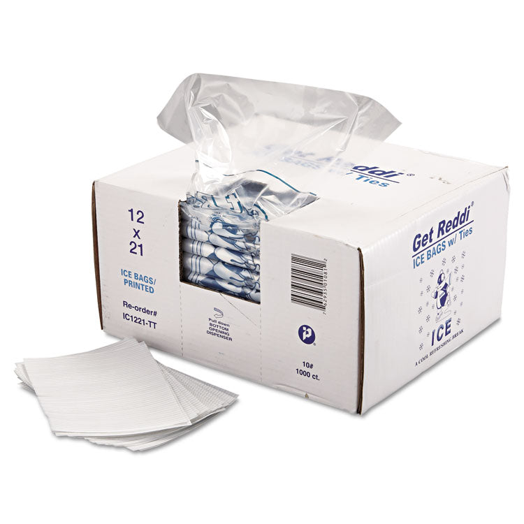 Ice Bags with Twist-Ties, Ice: Penguin Icon Labeling, 10 lb Capacity, 1.5 mil, 12" x 21", Clear, 1,000/Carton