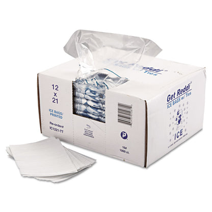 Ice Bags with Twist-Ties, Ice: Penguin Icon Labeling, 10 lb Capacity, 1.5 mil, 12" x 21", Clear, 1,000/Carton
