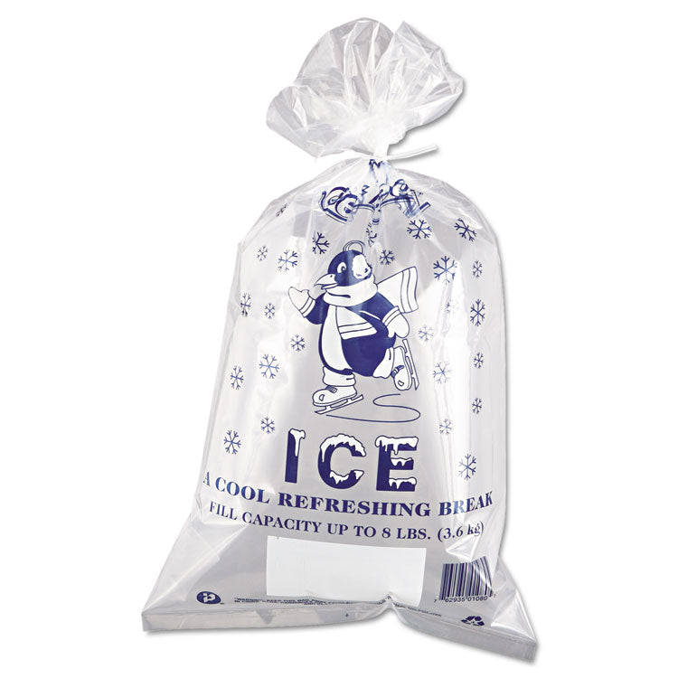 Ice Bags with Twist-Ties, Ice: Penguin Icon Labeling, 8 lb Capacity, 1.5 mil, 11" x 20", Clear, 1,000/Carton