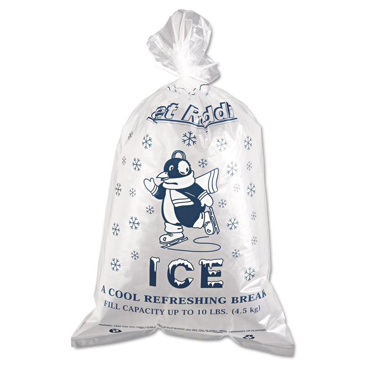 Ice Bags with Twist-Ties, Ice: Penguin Icon Labeling, 10 lb Capacity, 1.5 mil, 12" x 21", Clear, 1,000/Carton
