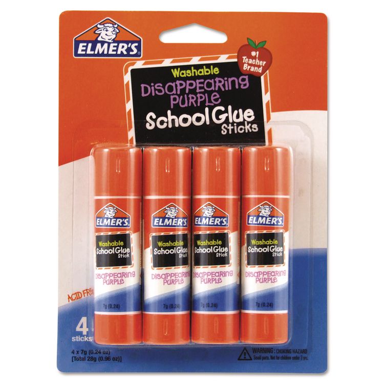 Washable School Glue Sticks, 0.24 oz, Applies Purple, Dries Clear, 4/Pack
