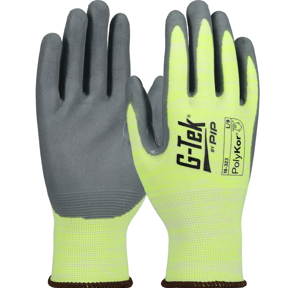G-Tek by PIP Econ H-vis Knit Polykorglove Nitr. Grip P/F S, 12 Pairs/Dozen