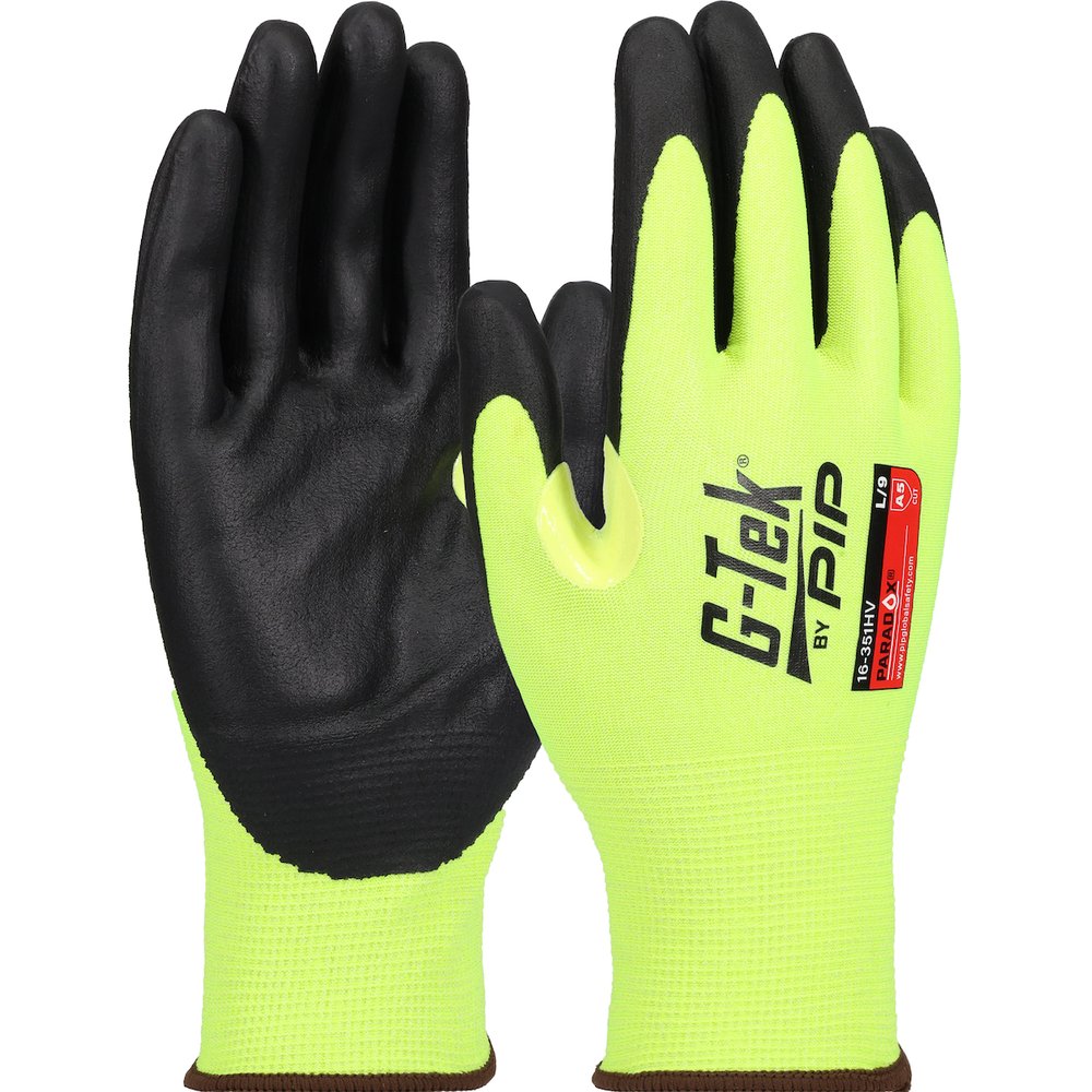 G-Tek by PIP HI-VIS Knit Polyk Glove Nitrile GRIP-21G L TS, 12 Pairs/Dozen