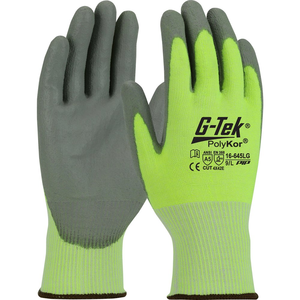 G-Tek by PIP HI-VIS Knit Polykor Glove Polyure. Grip P/F M, 12 Pairs/Dozen