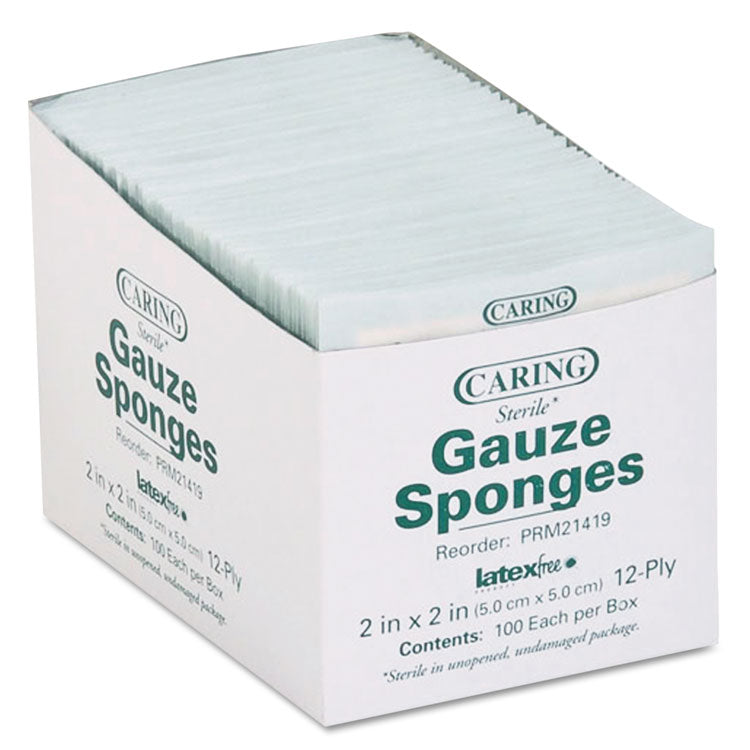 Caring Woven Gauze Sponges, Sterile, 12-Ply, 2 x 2, 2,400/Carton