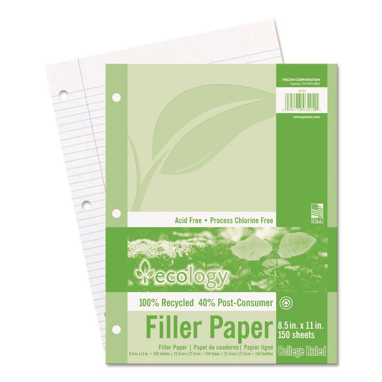 Ecology Filler Paper, 3-Hole, 8.5 x 11, Medium/College Rule, 150/Pack