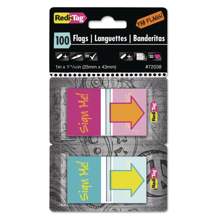 Pop-Up Fab Page Flags w/Dispenser, "Sign Me!", Red/Orange, Teal/Yellow, 100/Pack