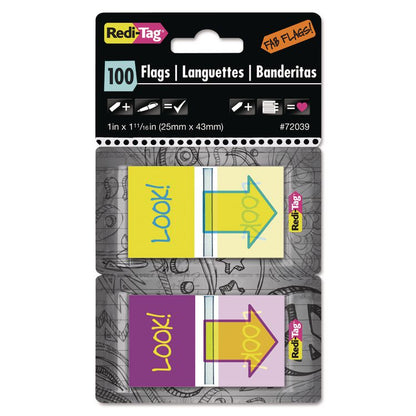 Pop-Up Fab Page Flags w/Dispenser, "Look!", Purple/Yellow, Yellow/Teal, 100/Pack