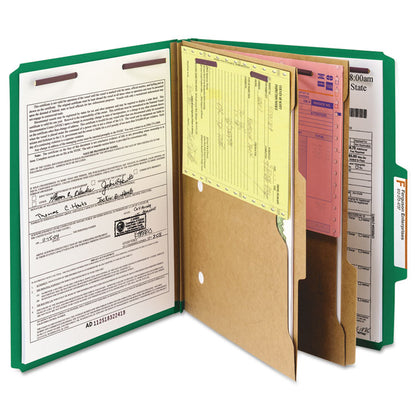 Pressboard Top Tab Pocket Classification Folders, Expands 2", 2 Dividers, 6 SafeSHIELD Fasteners, Letter Size, Green, 10/Box