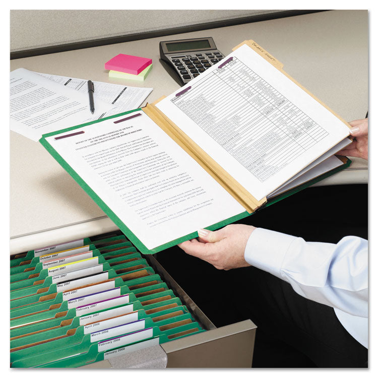Pressboard Top Tab Classification Folders, 2/5 Tab, Expands 3", 3 Dividers, 8 SafeSHIELD Fasteners, Letter Size, Green, 10/BX