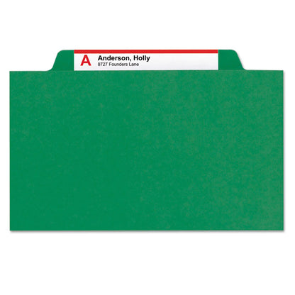 Pressboard Top Tab Classification Folders, 2/5 Tab, Expands 3", 3 Dividers, 8 SafeSHIELD Fasteners, Letter Size, Green, 10/BX