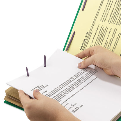 Pressboard Top Tab Classification Folders, 2/5 Tab, Expands 3", 3 Dividers, 8 SafeSHIELD Fasteners, Letter Size, Green, 10/BX