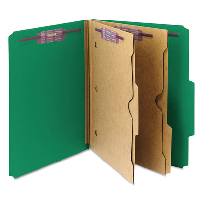 Pressboard Top Tab Pocket Classification Folders, Expands 2", 2 Dividers, 6 SafeSHIELD Fasteners, Letter Size, Green, 10/Box