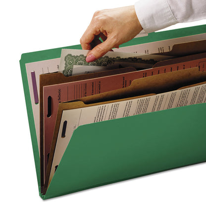 Pressboard Top Tab Pocket Classification Folders, Expands 2", 2 Dividers, 6 SafeSHIELD Fasteners, Letter Size, Green, 10/Box