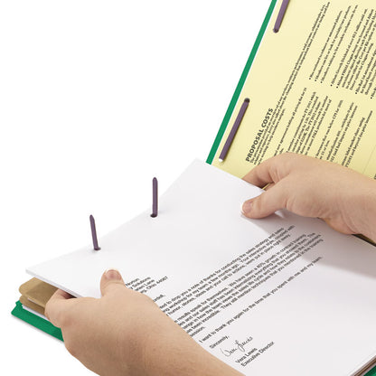 Pressboard Top Tab Pocket Classification Folders, Expands 2", 2 Dividers, 6 SafeSHIELD Fasteners, Letter Size, Green, 10/Box