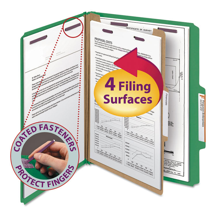 Pressboard Top Tab Classification Folders, Expands 2", 1 Divider, 4 SafeSHIELD Fasteners, Letter Size, Green, 10/Box