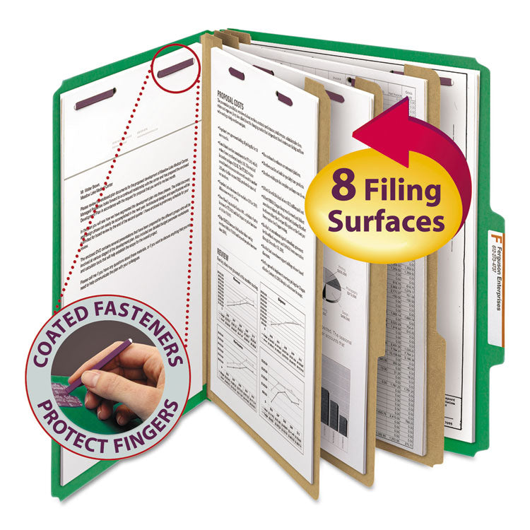 Pressboard Top Tab Classification Folders, 2/5 Tab, Expands 3", 3 Dividers, 8 SafeSHIELD Fasteners, Letter Size, Green, 10/BX