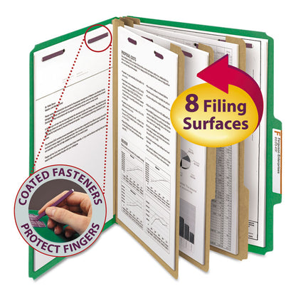 Pressboard Top Tab Classification Folders, 2/5 Tab, Expands 3", 3 Dividers, 8 SafeSHIELD Fasteners, Letter Size, Green, 10/BX