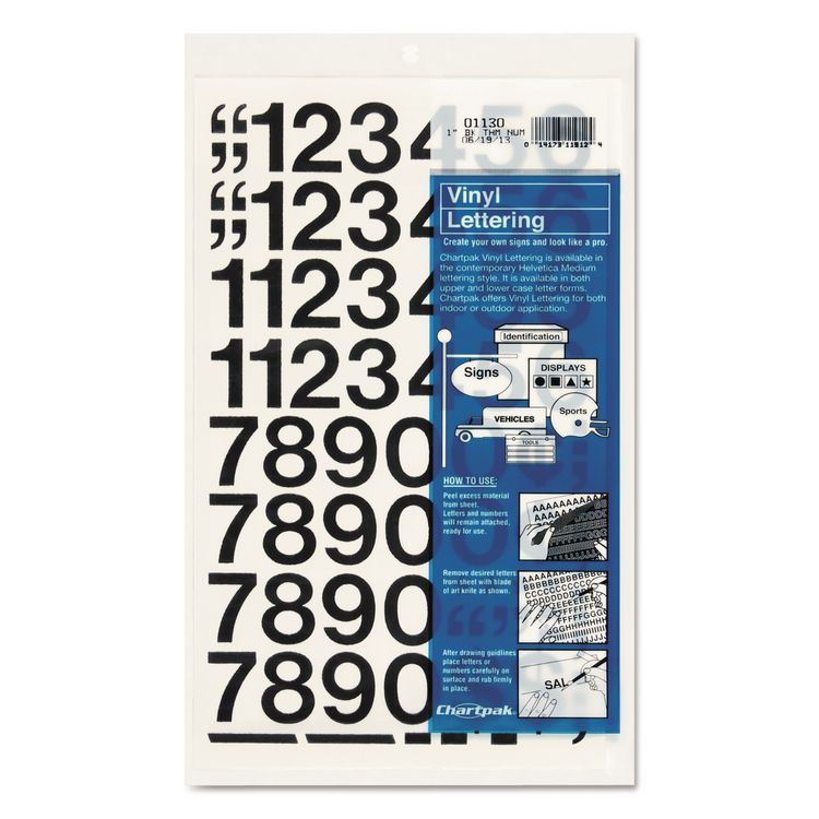 Press-On Vinyl Self-Adhesive Numbers, 1" Tall, Black Characters, 44/Pack