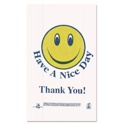 Smiley Face Shopping Bags, Thank You - Have a Nice Day Labeling, Cut-Out Handles, 11.5" x 6.5" x 21", White/Red, 900/Carton
