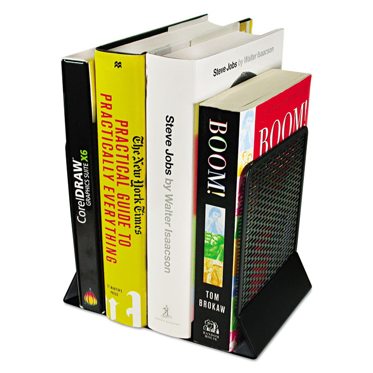 Urban Collection Punched Metal Bookends, Nonskid Base, 5.5 x 6.5 x 6.5, Perforated Steel, Black, Pair
