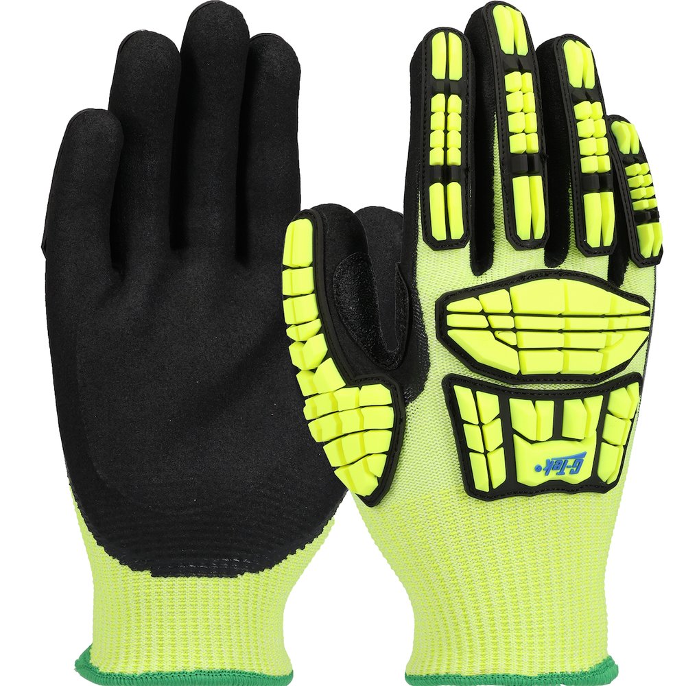 G-Tek by PIP Knit Polyk Glove H-vis 2-DIP Msurf. Grip P/F L, 12 Pairs/Dozen