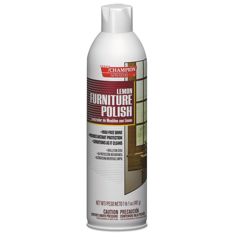 Champion Sprayon Furniture Polish, Lemon Scent, 17 oz Aerosol Spray, 12/Carton